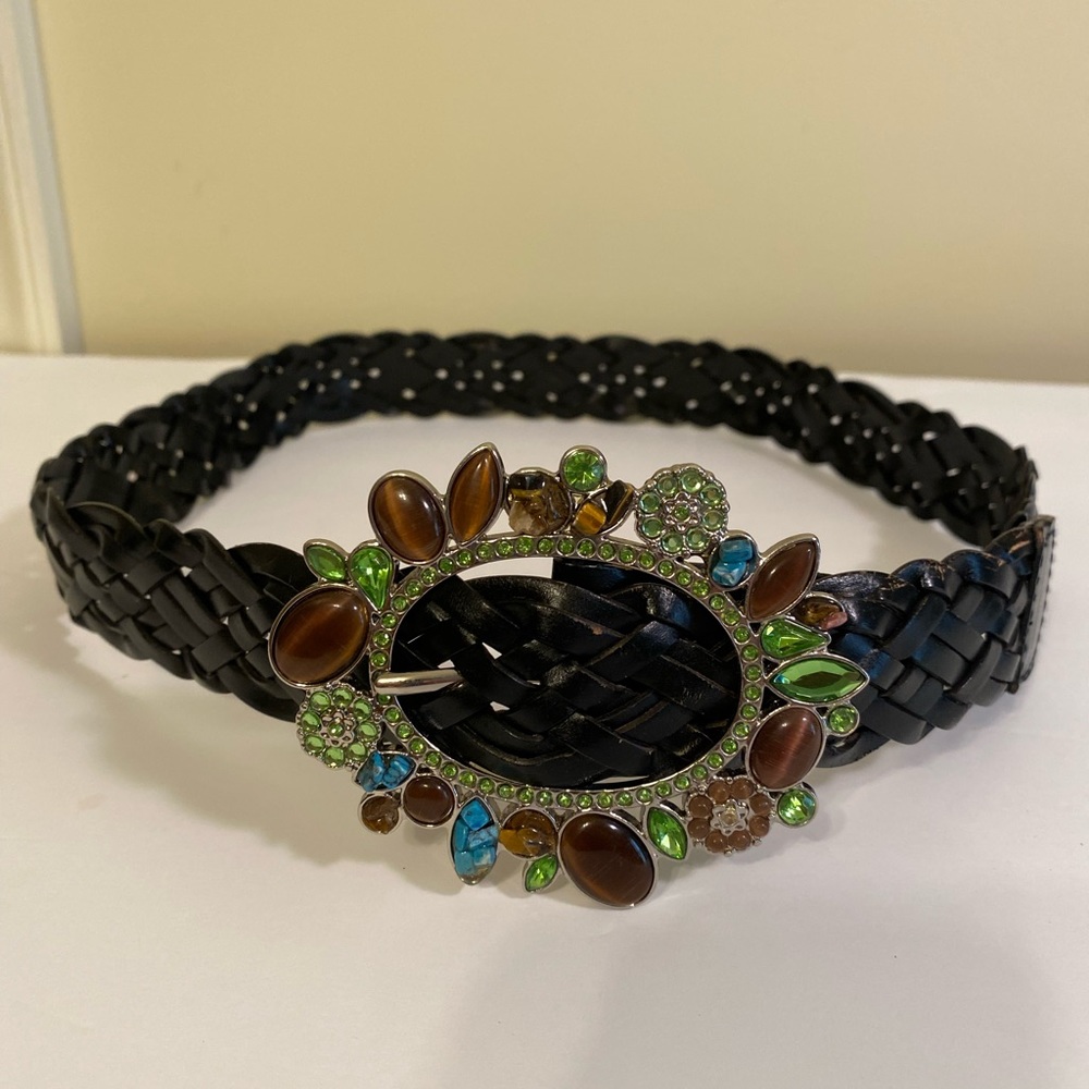 Amiee Lynn - Black braided leather 1 1/4” width belt w/rhinestone buckle, XS-S